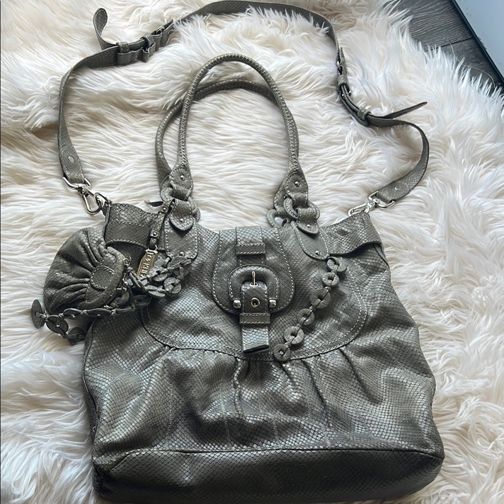 Sophisticated Gray Shoulder Bag with Floral Accents